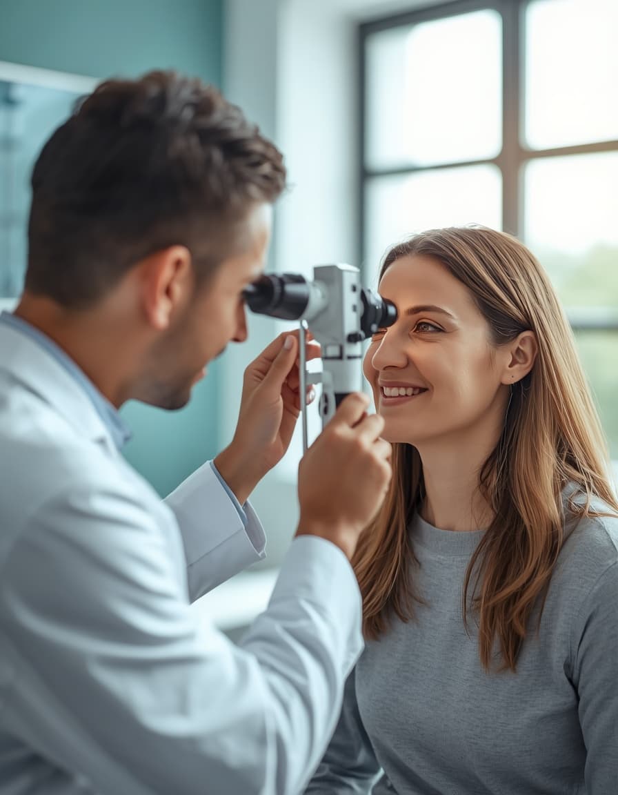 Ophthalmologist consulting with a patient during an eye examination